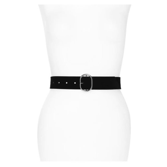 NWT Halogen Oval Buckle Leather Belt Soft Suede Adjustable Black Silver Large - Picture 1 of 7